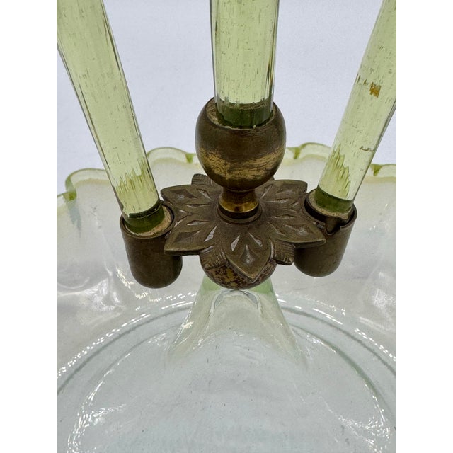 Antique Victorian Epergne Light Green Vaseline Glass Ruffle Ca 1880 Art Glass Vase Glows For Sale - Image 10 of 11