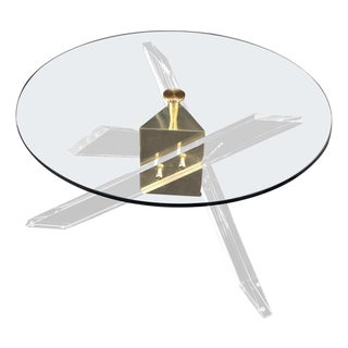 Brass & Lucite Round Glass Top Coffee Occasional Table Clean! For Sale