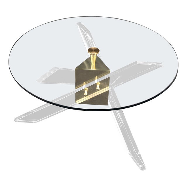 Brass & Lucite Round Glass Top Coffee Occasional Table Clean! For Sale