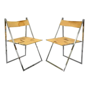 1960s Fontoni & Geraci Italian Modern Chrome & Leather Elios Folding Chairs- a Pair