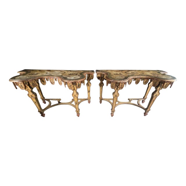 Venetian Polychrome and Giltwood Consoles in the style of Lacca Povera, 1790, Set of 2 For Sale