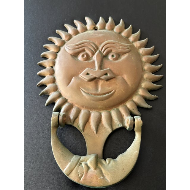 Mid-Century Modern Vintage Bronzed Solid Brass Sun & Moon Face Door Knocker 6.5x8.5" Heavy-Duty For Sale - Image 3 of 12