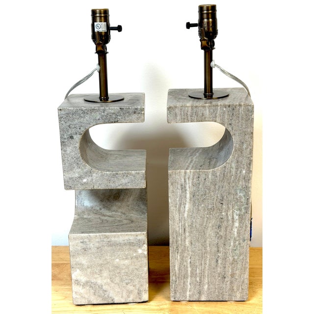 1980s Italian Sculptural Gray Marble Architectural Table Lamps - a Pair For Sale - Image 14 of 16