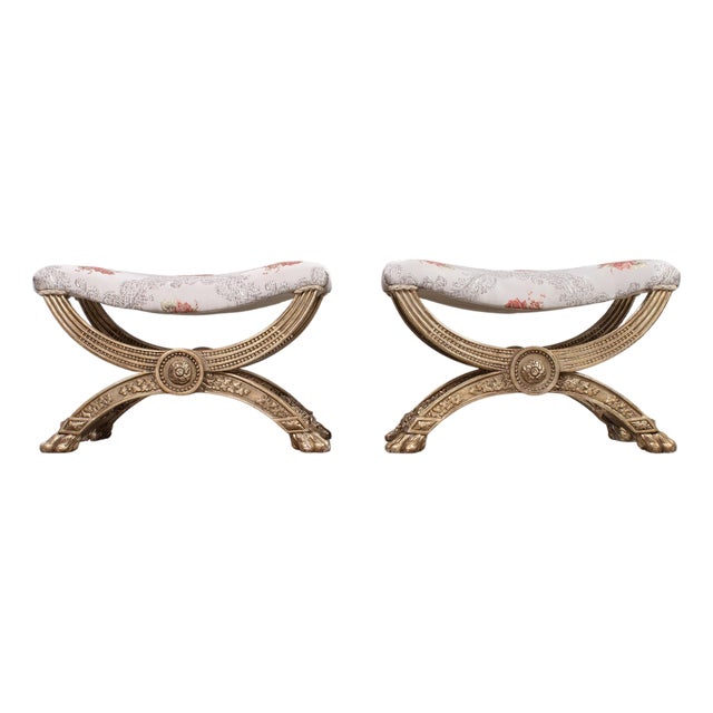 Pair of Italian Neoclassical Style Silvered Curule Bench Seats For Sale