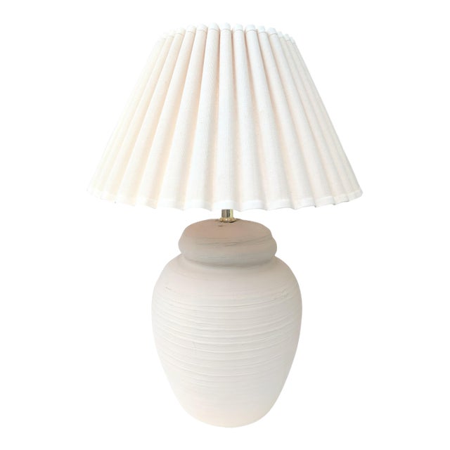 1970s Cream Ribbed Pottery Lamp With Pleated Lamp Shade For Sale