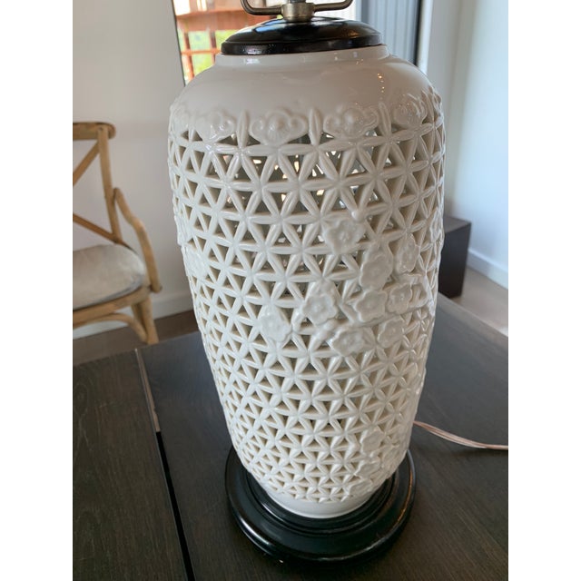 Early 20th Century Reticulated White Ginger Jar Lamp Wood Base and Cap
