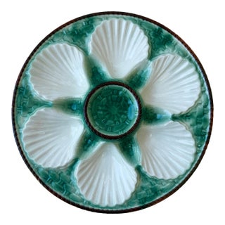 Antique French Faïence Longchamp Majolica Oyster Plate | Green Basket Weave | Circa 1920s For Sale