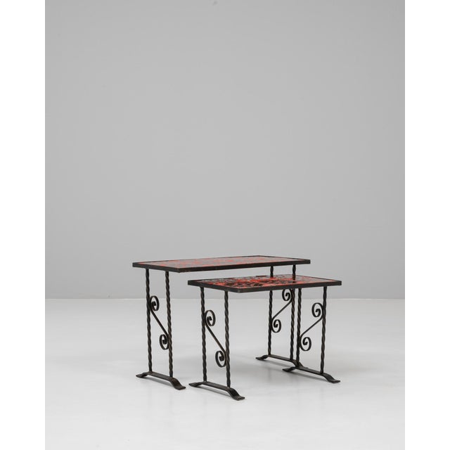 20th Century French Iron Nesting Tables With Ceramic Tops - A Pair For Sale - Image 4 of 18