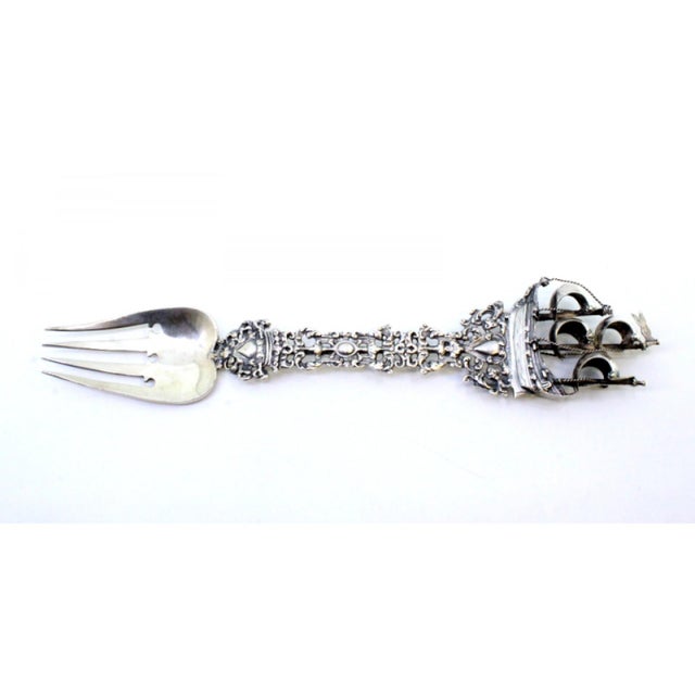 Decorative Silver Fork with Reliefs, Cut-Outs, Caravel and Angels Monogram Card For Sale - Image 9 of 10