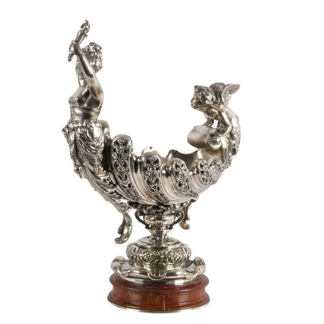Victorian Antique Silver Plate Figural Liberty & Cherub Centerpiece Bowl on Marble Base, Circa 1890 For Sale - Image 3 of 11