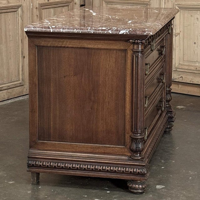19th Century French Henry II Neoclassical Walnut Commode With Rouge Marble For Sale - Image 12 of 18
