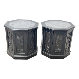 Mid-Century Chinese Carved Figural Wood Octagon Side Tables - A Pair For Sale