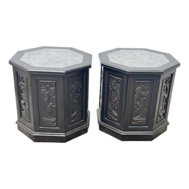 Mid-Century Chinese Carved Figural Wood Octagon Side Tables - A Pair For Sale