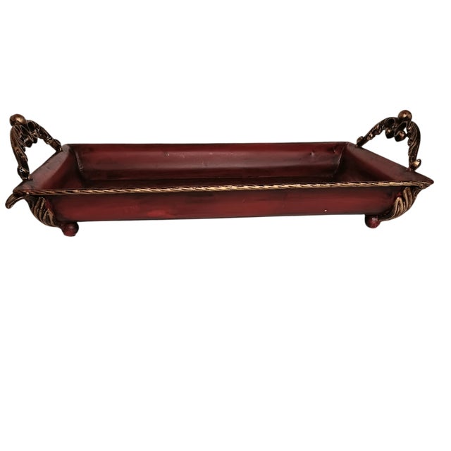 Large Metal Serving Tray Cranberry Red and Gold Leaf Vine Design Ornate Handles Made of metal Seems to be factory painted,...
