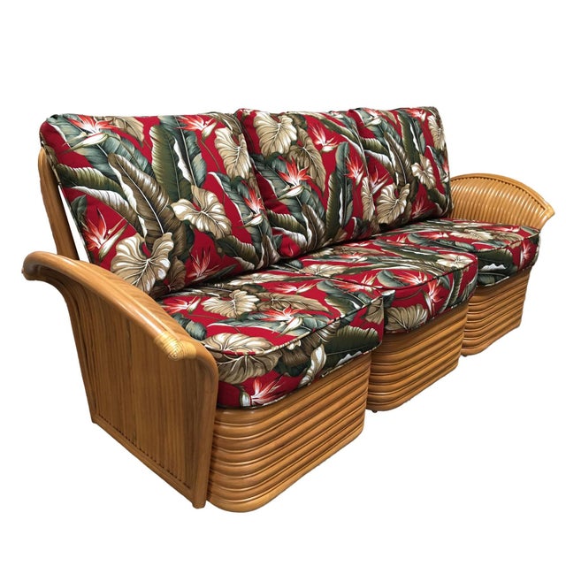 1990s Art Deco Style "Hawaii" Rattan Fan Arm Three-Seat Sectional Sofa For Sale - Image 5 of 7