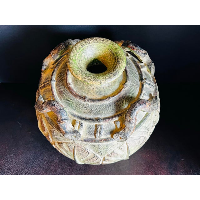 Vintage Pier 1 Weathered Green Earthenware Vase With Tropical Leaf Relief For Sale - Image 4 of 10