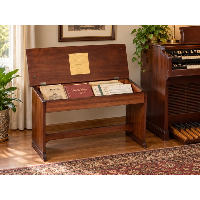 Authentic vintage Hammond organ bench crafted in rich mahogany, featuring a lift-top lid with an integrated interior...