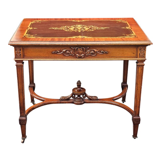 19th Century Louis XVI Style Kingwood & Walnut Marquetry Stretcher Center Table For Sale