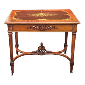 19th Century Louis XVI Style Kingwood & Walnut Marquetry Stretcher Center Table