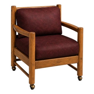 Vintage Architectural Solid Oak Lodge Lounge Chairs With Brass Casters — Set of Four For Sale