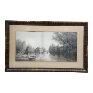Antique Charles Frederick Mielatz Brookside Willows Riverscape Etching 32"