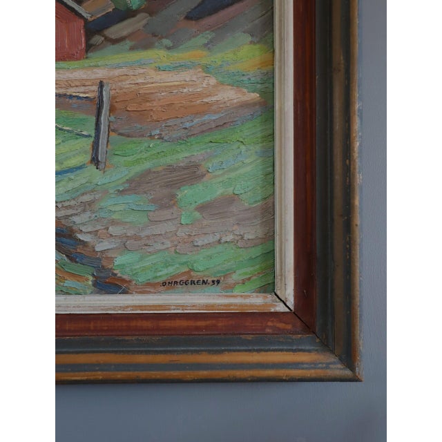 Paint 1939 Mid-Century Modern 'The Red Cabin' Vintage Original Expressive Landscape Oil Painting, Framed For Sale - Image 7 of 11