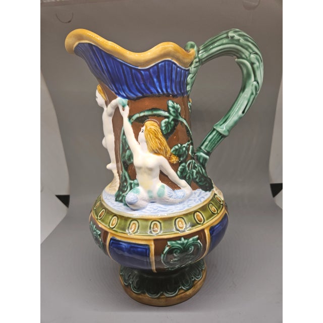Mid-Century Modern Vintage Jj Seashell Figures People Sea Green Blue Majolica Pitcher For Sale - Image 3 of 6