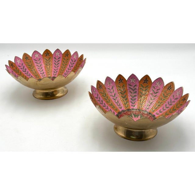 Pair of Boho Brass & Pink Enameled Lotus Bowls by Sarreid Ltd. For Sale - Image 4 of 9
