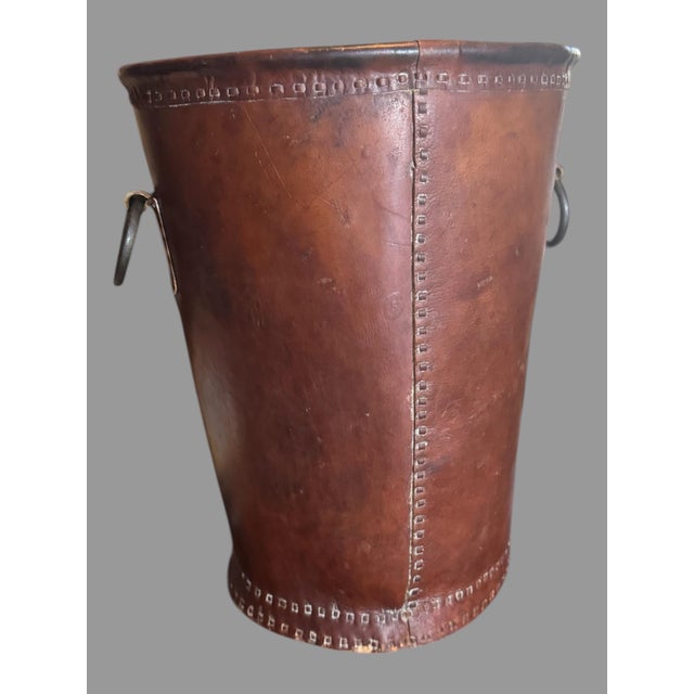 Brown Vintage Antique 13" Leather Stitched Waste Basket Can With Ring Handles For Sale - Image 8 of 12