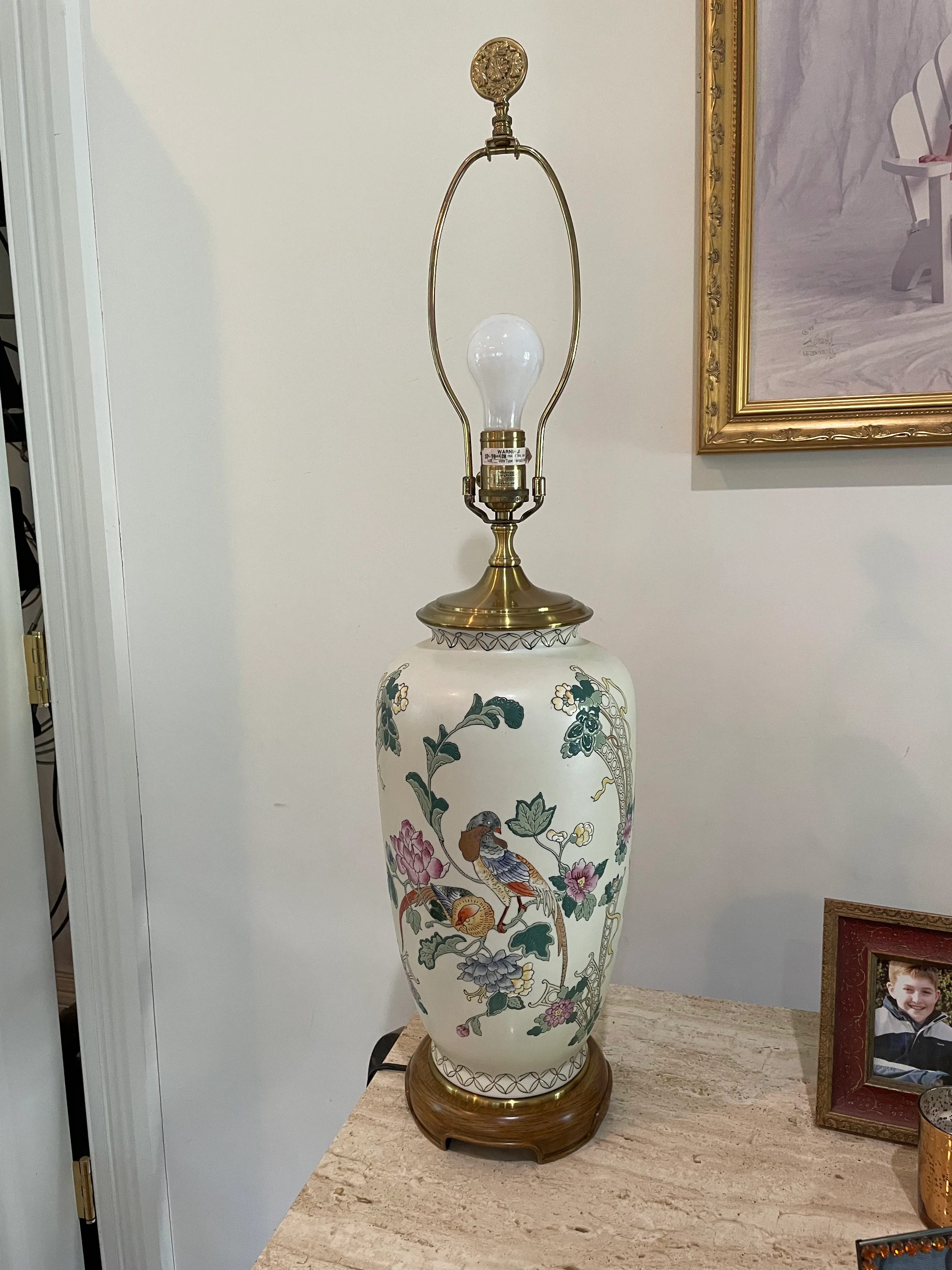Vintage 1990s Chinoiserie Style Table Lamp With Bird and Flower