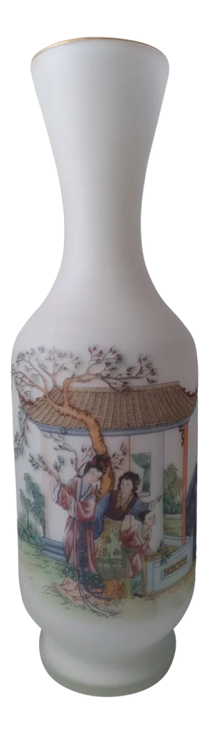 Vintage 1960s Norleans Italy White Satin Glass Asian Motif Vase