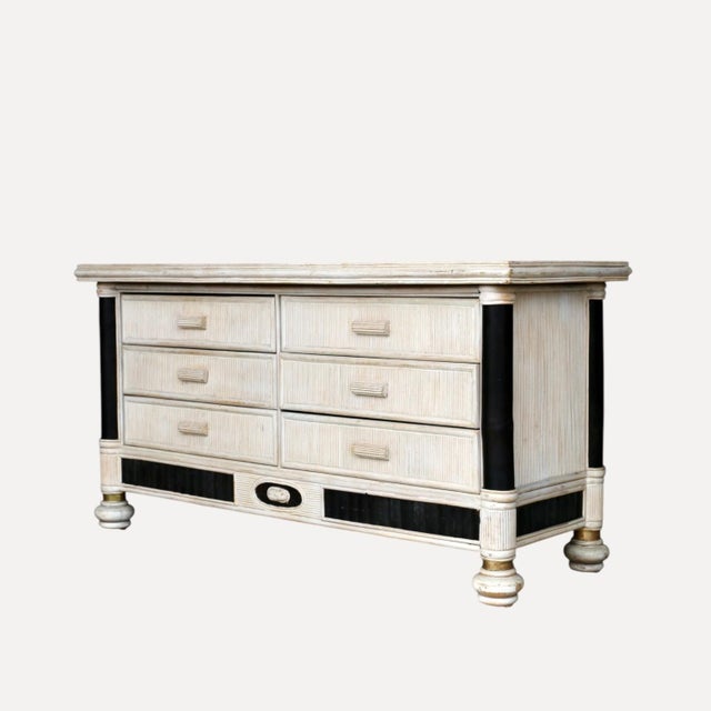 Wood Six-Drawer Chest of Drawers in Off-White Lacquered Rattan, France, 1980s For Sale - Image 7 of 10