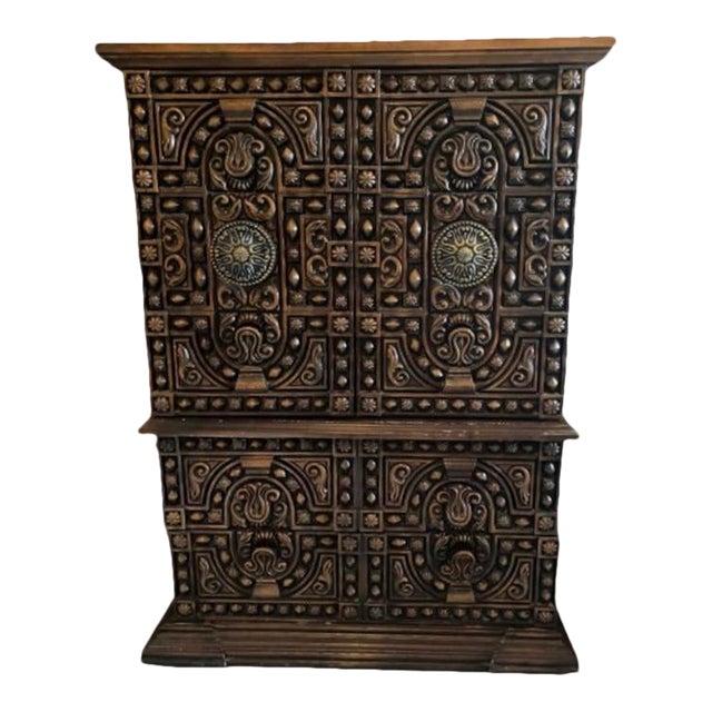 Mid Century Dated 1973 Ornate Barwick Furniture Hollywood Regency Spanish Armoire Dresser For Sale