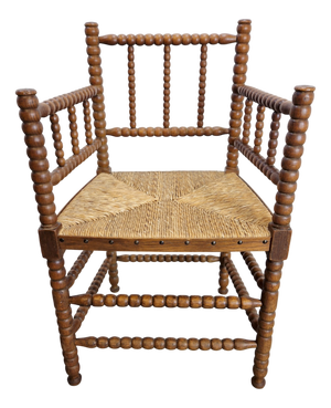 Mid-Century Arts and Craft Oak Bobbin Chair with Rush Seat, 1930s