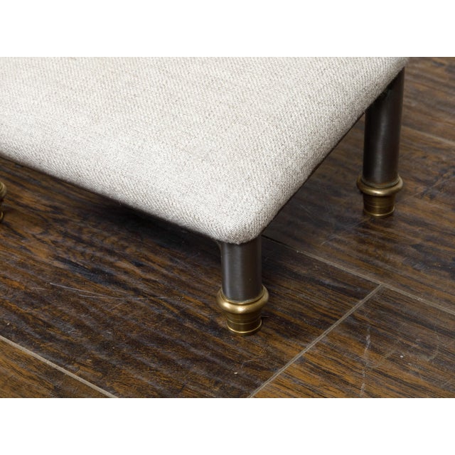 Pair of Vintage French Steel and Brass Footstools with Custom Linen Upholstery For Sale - Image 9 of 11