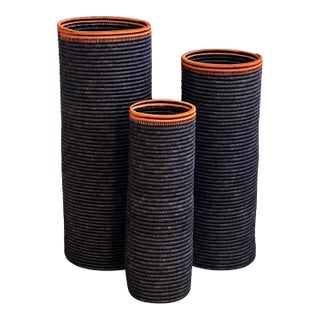 Floor Woven Vases in Black and Copper Detail For Sale