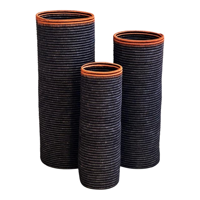 Floor Woven Vases in Black and Copper Detail For Sale