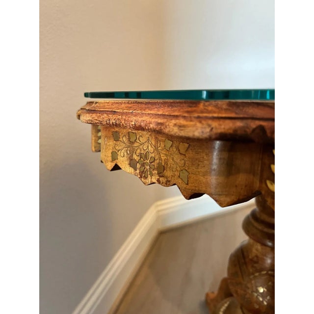 Wood Vintage Anglo-Indian Brass Inlaid Pedestal Table For Sale - Image 7 of 11