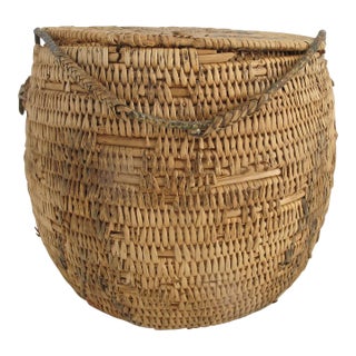 Pacific Nw Coast Native American Hand Woven Geometric Interior Lidded Basket For Sale