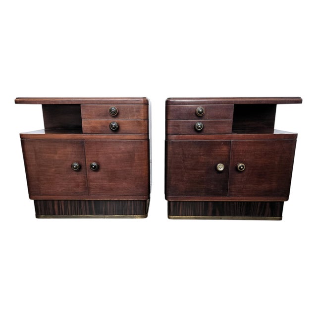 Art Deco Italian Nightstands in Wood and Black Glass Top, 1940s, Set of 2 For Sale