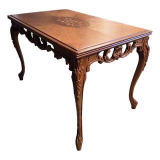 Vintage French Provincial Louis XV Style Walnut Marquetry Coffee Table With Floral Inlay For Sale