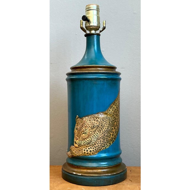 Vintage Blue and Gold Decoupage Leopard Lamp For Sale - Image 15 of 18