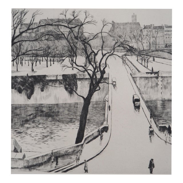 Eugène Corneau, Paris, The Little Bridge, Original Signed Etching, 1946 For Sale