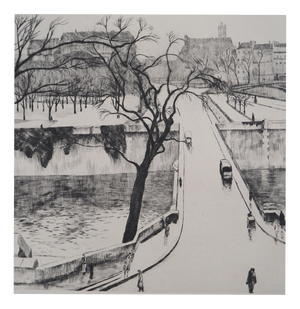 Eugène Corneau, Paris, The Little Bridge, Original Signed Etching, 1946