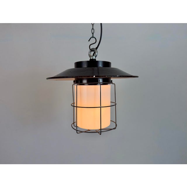 Industrial Grey Enamel, Glass, and Iron Cage Pendant Lamp from Elektrosvit, 1960s For Sale - Image 14 of 16