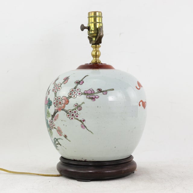 Early 20th Century Antique Famille Rose Porcelain Vase Lamp With Birds on Flowering Plum Branches and Rockery For Sale - Image 5 of 14