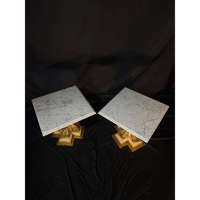 Stone Pair of 1970 Fuggiti Studios Gilt Marble Top Pedestal Side Tables For Sale - Image 7 of 12