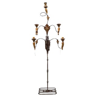 Large Standing Candleholder with 5 Lights in Forged Iron and Wood Carving, 1950s For Sale
