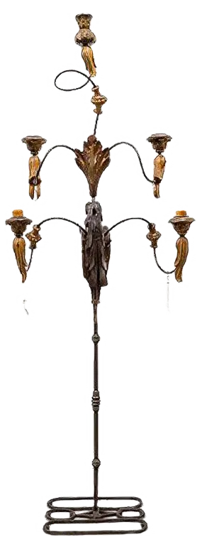 Large Standing Candleholder with 5 Lights in Forged Iron and Wood Carving, 1950s