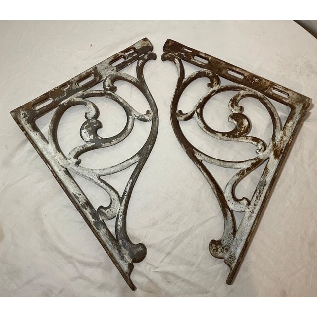 Metal Large Pair Antique Cast Iron Architectural Salvage Wall Corbels Bracket Sconce For Sale - Image 7 of 13